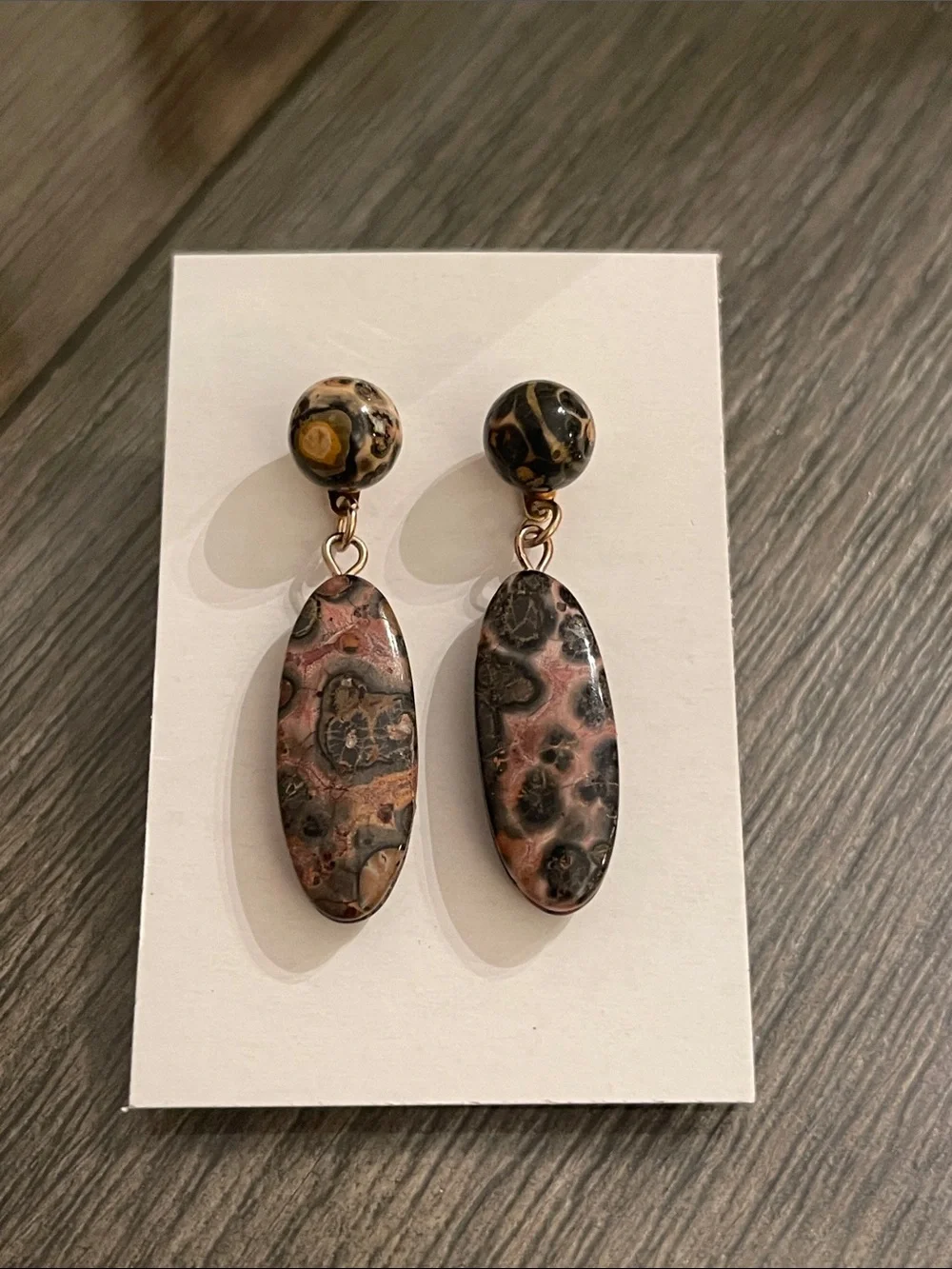 Vintage Leopard Skin Jasper Oval Dangle Drop Earrings Ball/Post Convertible